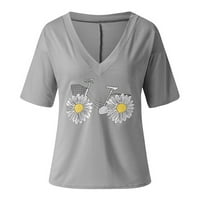 Ženske vrhove cvjetne bluze s kratkim rukavima Ležerne dame modni V-izrez Ljetna tunika vrhova siva l