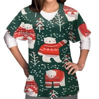 Popust Womens Božić radna uniforma Casual V-izrez kratki rukavi džepovi Shirt Božić grafički Print pulover