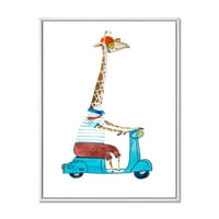 Giraffe obučena kaciga i jahanje plavi skuter uramljeno slikanje platnena umjetnost
