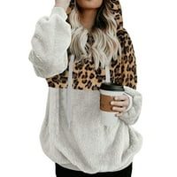 Fusipu Žene Leopard s dugim rukavima Blok u boji Plišani džep s kapuljačom toplim pulover