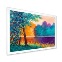 Šarena stabla tokom sumraka uz rijeku uokvirenu sliku platno Art Print