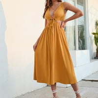 Ženska ljetna moda žuta poliesterska ženska duboka V vrata duge haljine bez rukava naborana visoka struka