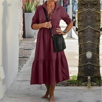 Ženska haljina dužine čaja pamučna posteljina klirens čvrste jesenske haljine Vintage Holiday Boho Dugi rukav V vrat pad struka na više nivoa vino XL