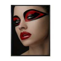 DIZAJNART 'Crvene usne Crne šminke na očima maske' Moderni uokvireni platno zidno umjetnički otisak