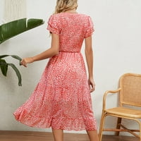 Ženski ljetni ispisani haljina s kratkim rukavima lagani V-izrez ruffles Swing Maxi haljina crvena xl