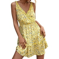 Ženska cvjetna haljina za ispis Ljeto Ruffle Hem bez rukava V izrez plaže mini haljine