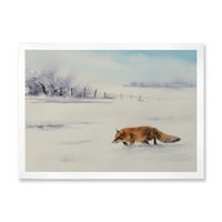 Designart 'Red Fo trčanje u bijelom snijegu na selu I' seoska kuća uokvirena umjetnička štampa
