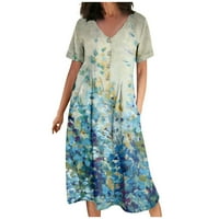 Žensko ljetno casual cvjetno dugme za print V izrez kratkih rukava pamučna platna haljina